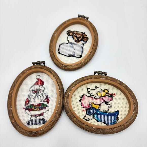 Lot of 3 Vintage counted cross stitch Christmas ornaments Santa, angel & puppy - Picture 2 of 10
